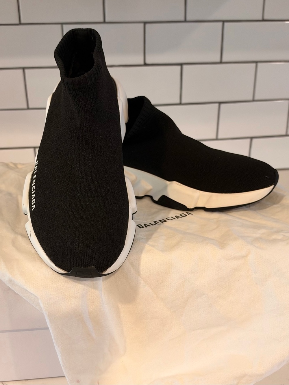 Balenciaga Black Knit Speed Trainer Sneakers with White Sole